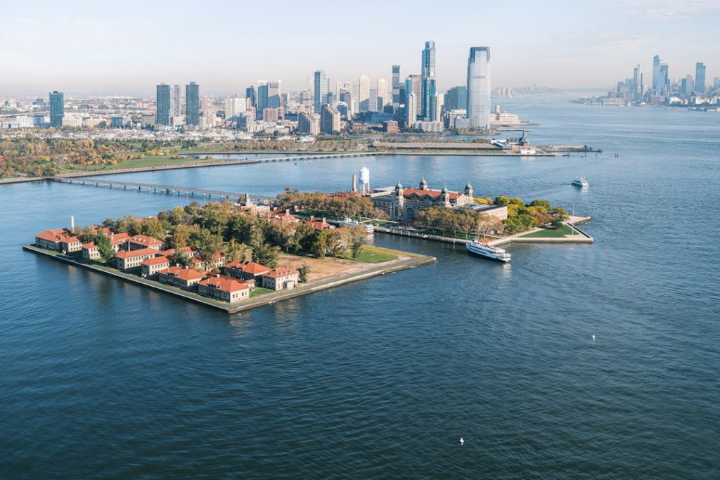 Aerial view of Ellis Island and its museum buildings