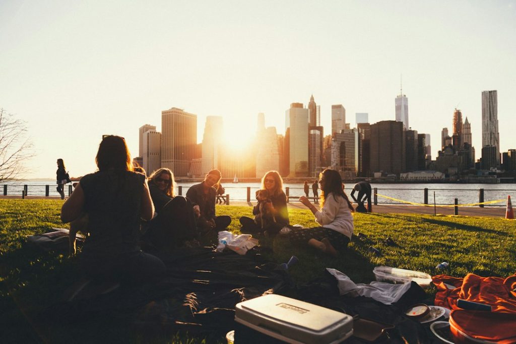 Friends sharing a picnic on a green waterfront lawn with the Manhattan skyline in warm sunlight