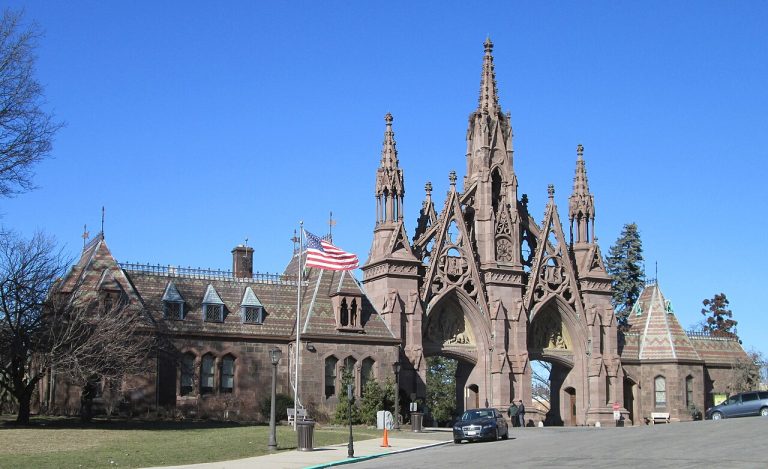 The Gothic Revival entrance gate and gatehouse at Green-Wood Cemetery