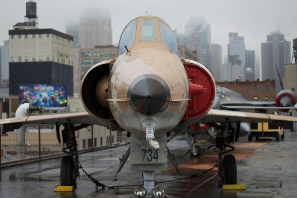 Front view of an aircraft on Intrepid’s deck