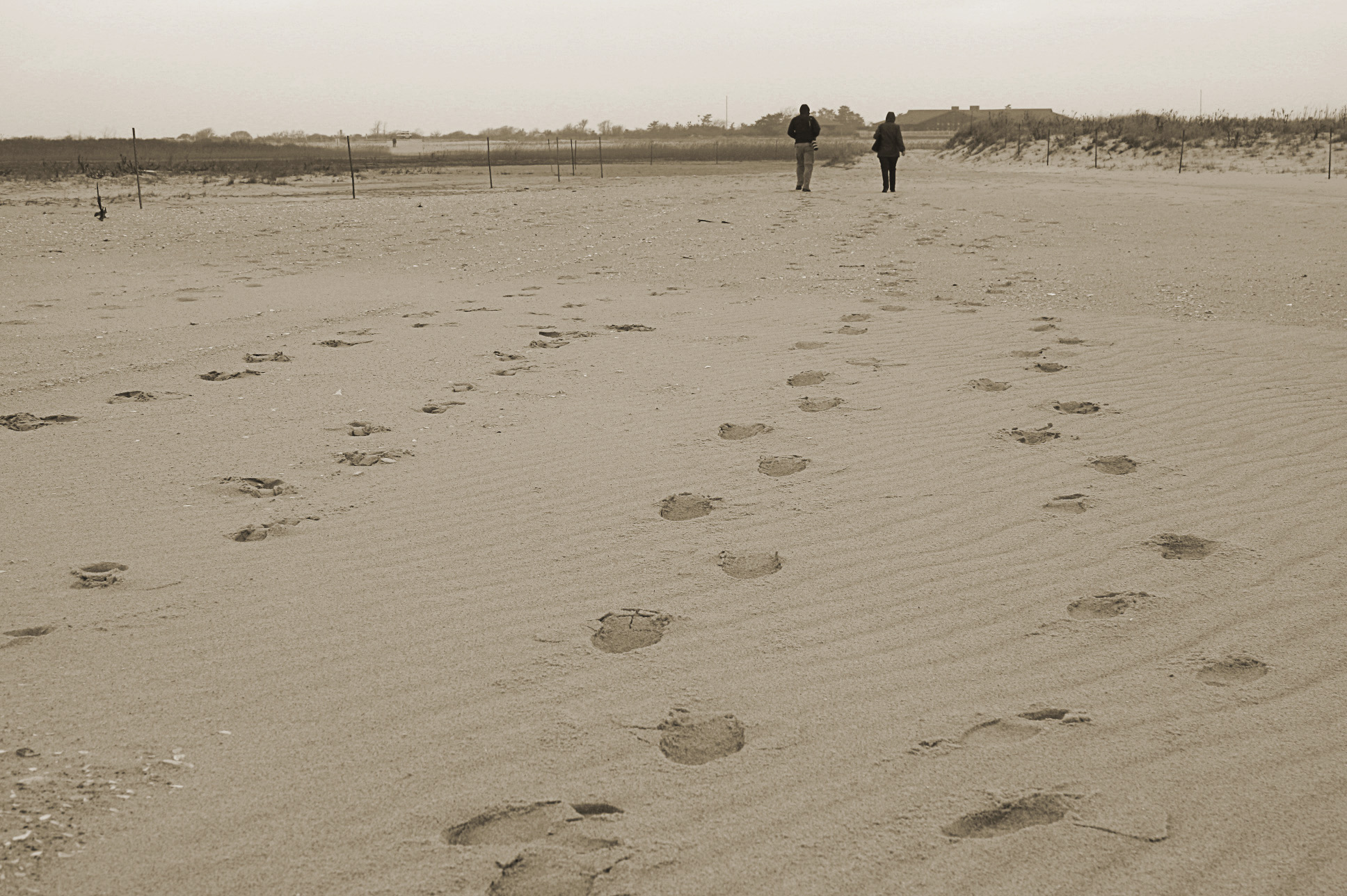 Footprints and walkers on the sand at Jones Beach State Park