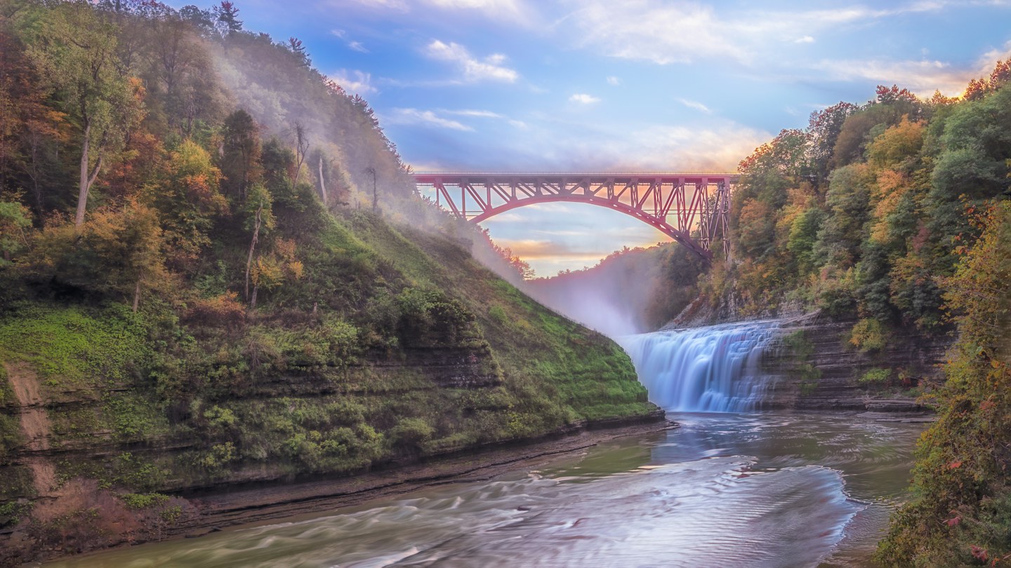 Mist above Upper Falls at Letchworth State Park at sunset