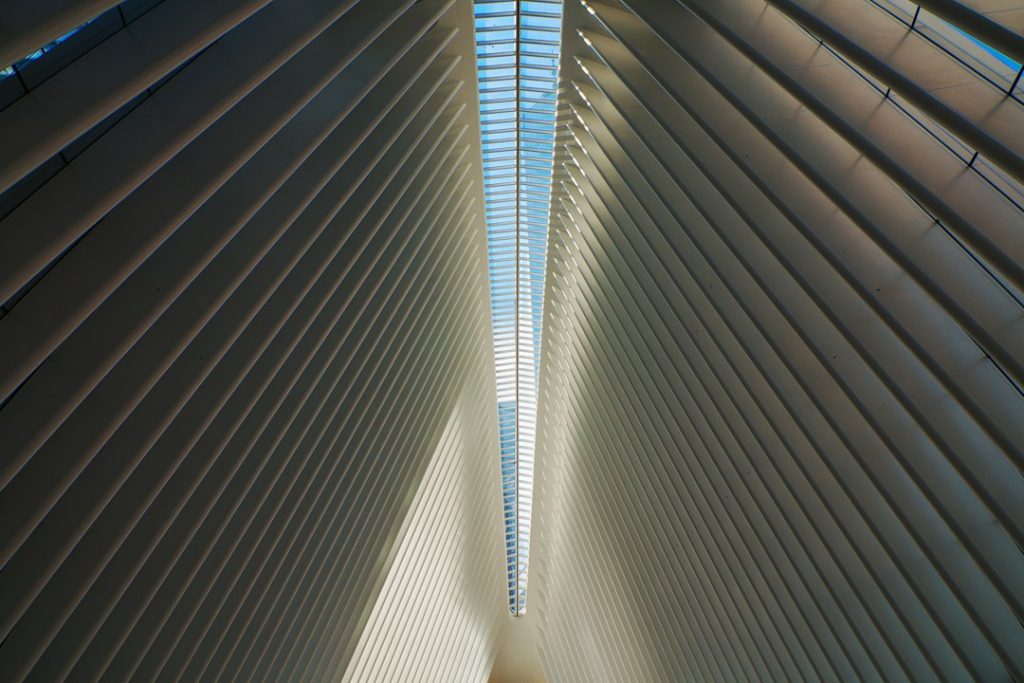 The Oculus roof ribs meeting along a narrow skylight