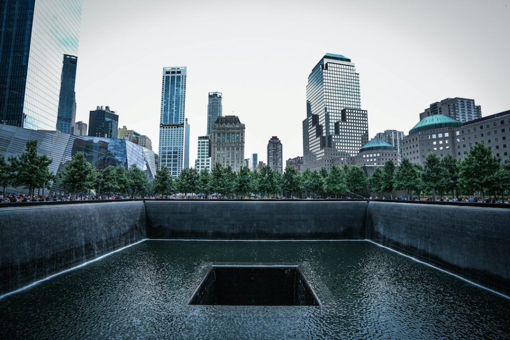 A reflecting pool at the outdoor 9/11 Memorial