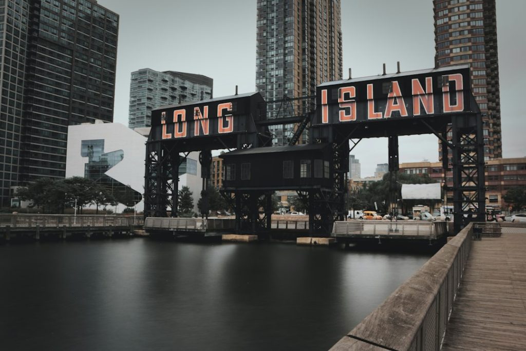 Restored Long Island gantries framing a waterfront view