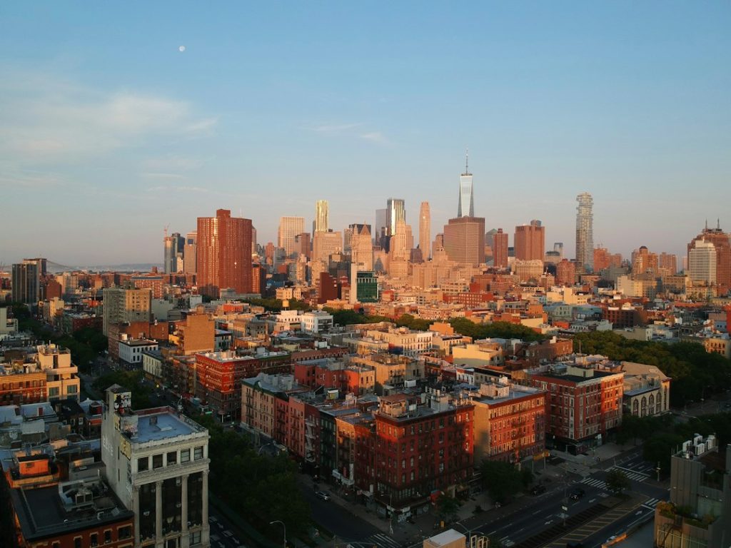 Lower Manhattan rooftops and skyline in warm light