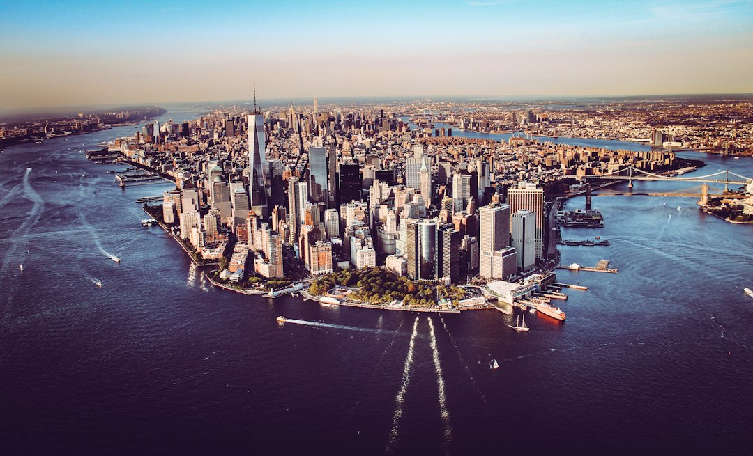 An aerial view of New York buildings and the waterfront