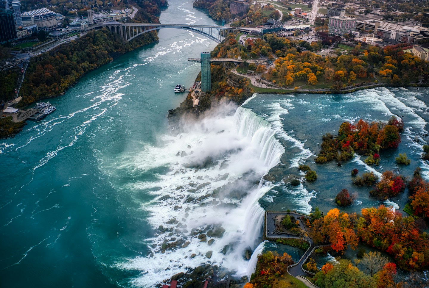 Aerial view of Niagara Falls and the surrounding river