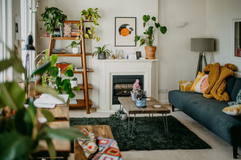 Bright living room with leafy plants, bookshelves and colorful cushions