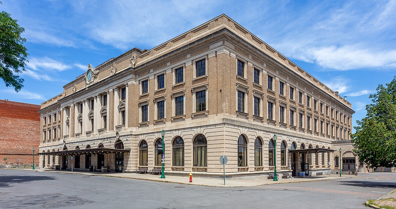 The exterior of Union Station in Utica, New York