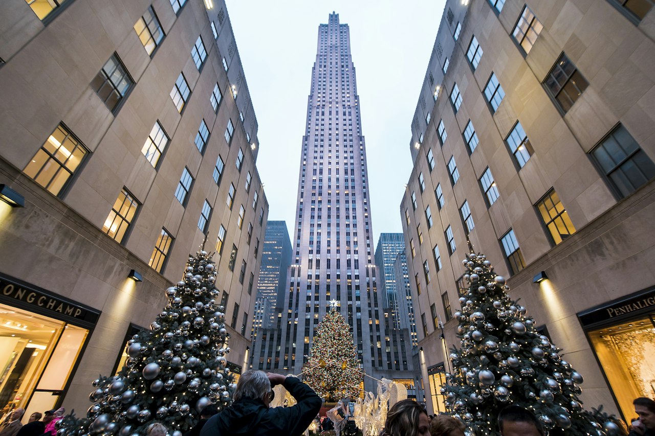 Small holiday trees in Rockefeller Center’s Channel Gardens
