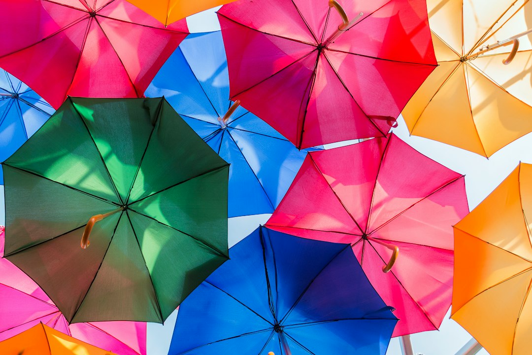 Bright multicolored umbrellas hanging overhead