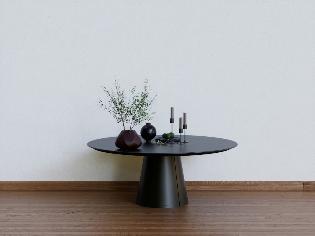 A narrow table with small decorative containers; organizer inspiration