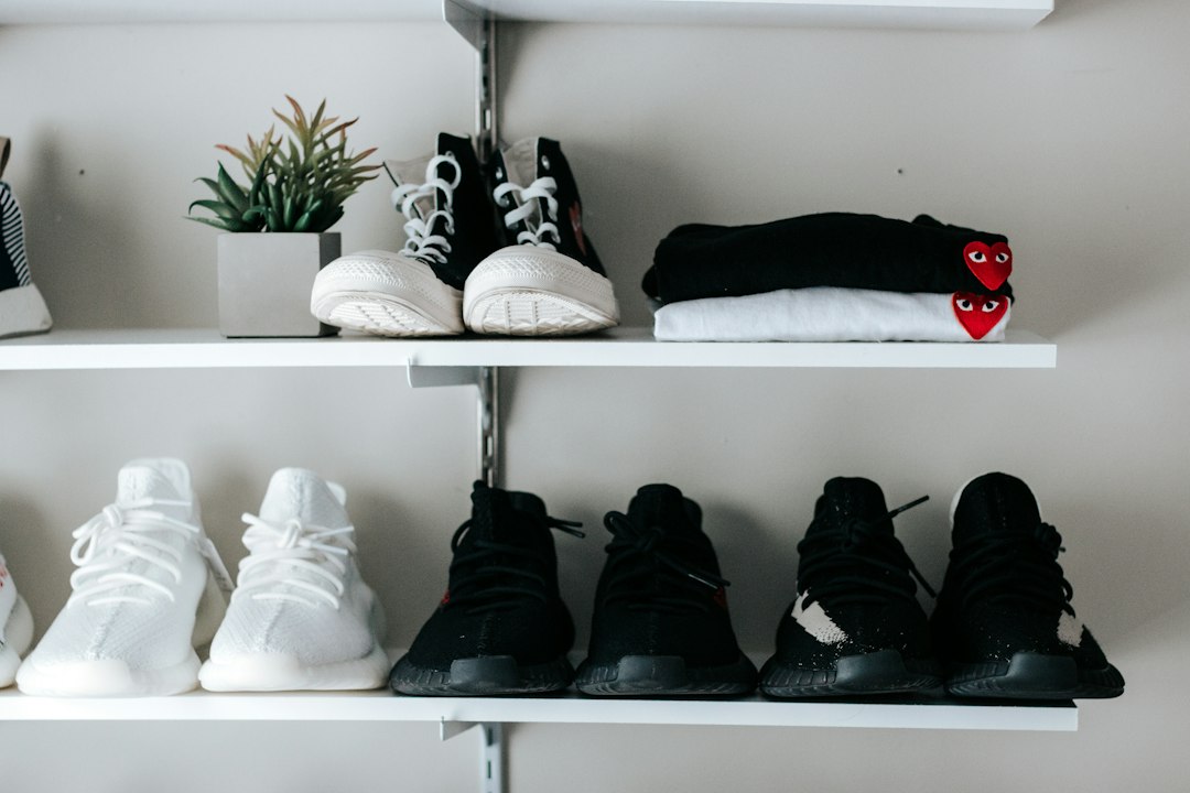 Shoes arranged on compact wall shelves; shoe-storage inspiration