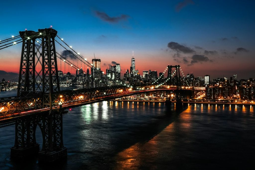 Williamsburg Bridge illuminated over the East River