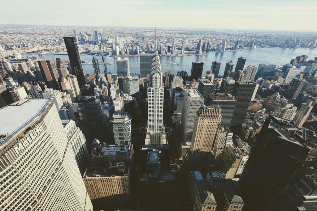 Manhattan skyline seen through an observation-deck window