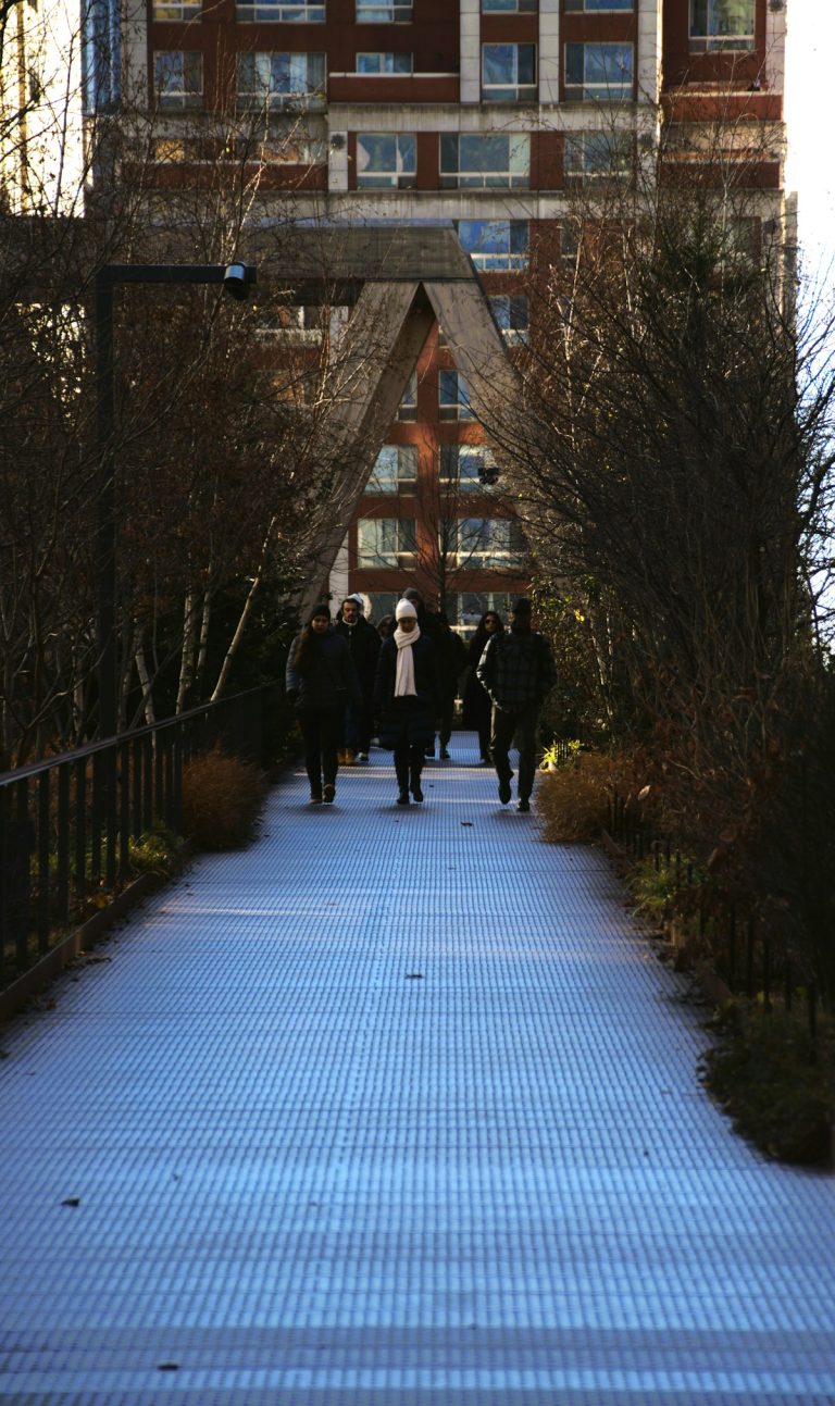 Visitors walking on the landscaped High Line at The Spur