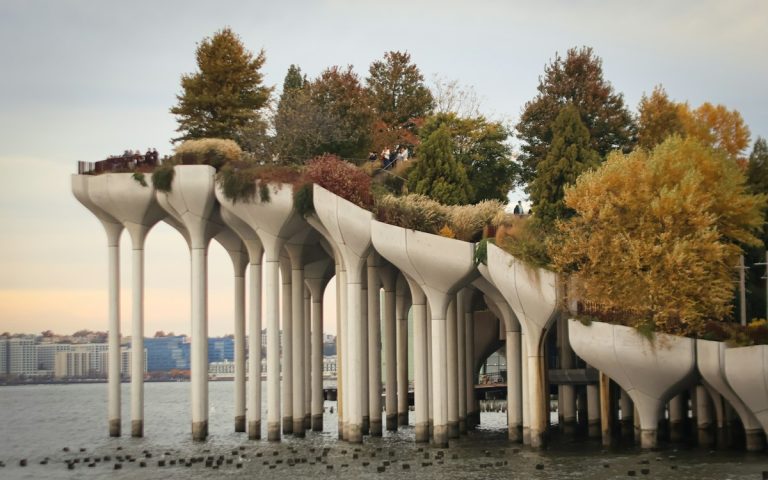 Little Island park on sculptural concrete supports above the Hudson River