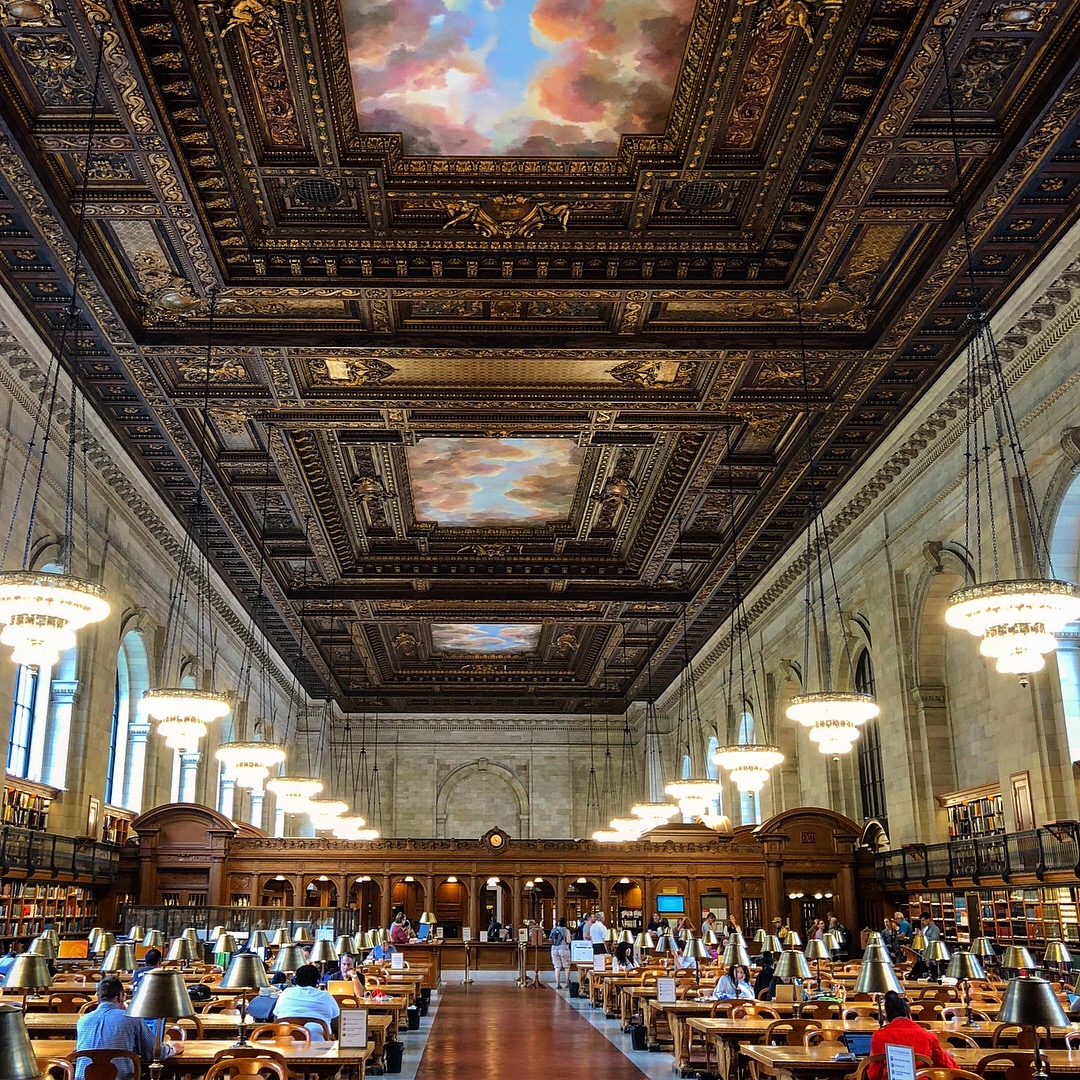 Chandeliers and decorated ceiling above the Rose Main Reading Room